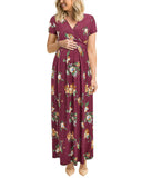 Wine Red Ladies Summer Casual V Neck Short Long Sleeve Floral Pattern Wrap Ladies Maxi Long Dress with Pockets - OUGES | Women's Evening Gowns