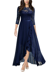 Navy Blue Ladies Elegant Scoop Neck Floral Lace Formal Wedding Maxi Dress - MIUSOL