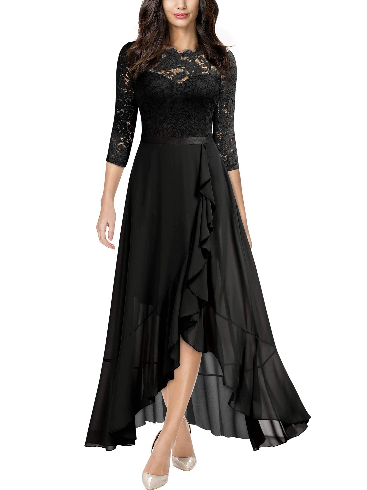 Black Ladies Elegant Scoop Neck Floral Lace Formal Wedding Maxi Dress - MIUSOL