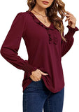 Burgundy Casual V Neck T Shirts Loose Summer Tops Ruffle - Ivicoer | Women's Tops and Blouses