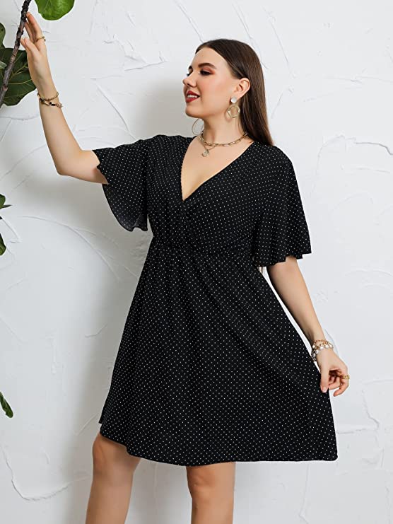Black Dots Women's Plus Size Striped Print Wrap V Neck Short Sleeve A Line Dress - Floerns | Women's Formal Dresses