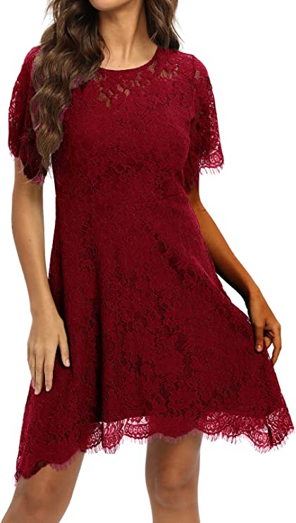 Wine Women's Elegant Round Neck Short Sleeve A-Line Lace Dress - ALLANDWELL | Women's Cocktail Dresses