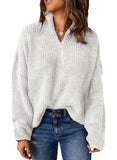 White Sweaters for Women Waffle Kint Long Sleeve Zip Pullover Polo V Neck Sweater for Women - EVALESS | Women's Sweaters
