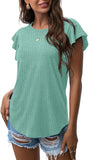 Blue Green Ruffle Short Sleeve Top Waffle Knit Tunic Casual Blouse Round Neck Shirts Summer Tank Tops for Women - IWOLLENCE | Women's Tops and Blouses