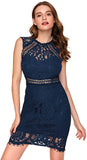 Navy Women's Sleeveless Scalloped Hem Fitted Floral Lace Bodycon Dress - Verdusa | Women's Cocktail Dresses