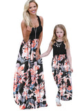 Black Flower Summer Cute Mommy and Me Boho Striped Chevron Maxi Dresses - WIWIQS | Women's Casual Dresses