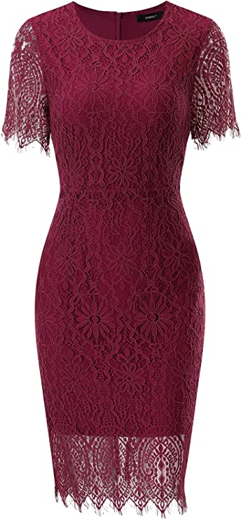 Wine Women's Elegant Floral Lace Bodycon Cocktail Lace Dress - ALLANDWELL | Women's Cocktail Dresses