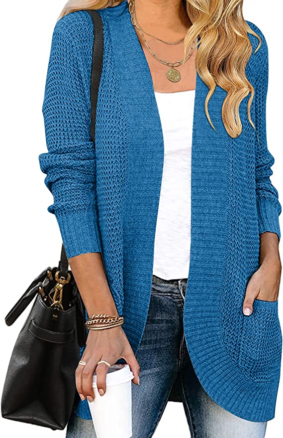 Cobalt Blue Women's Long Sleeve Open Front Casual Lightweight Soft Knit Cardigan Sweater Outerwear - ZESICA | Women's Cardigan