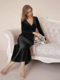 Black Women's V Neck Wrap Long Sleeve Elegant Mermaid Velvet Cocktail Maxi Dress Evening Party - ZABERRY | Women's Formal Dresses