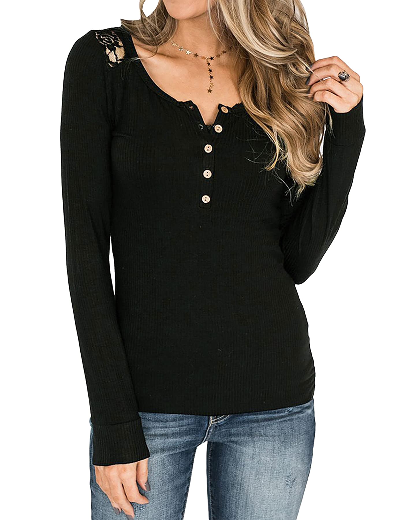 Hollow Out Black Women Long Sleeve V Neck Button Up Solid Tops Blouses Trendy Slim Fit Lace Sleeves Ribbed Knit Casual Shirts Tunic - BTFBM | Women's Tops and Blouses