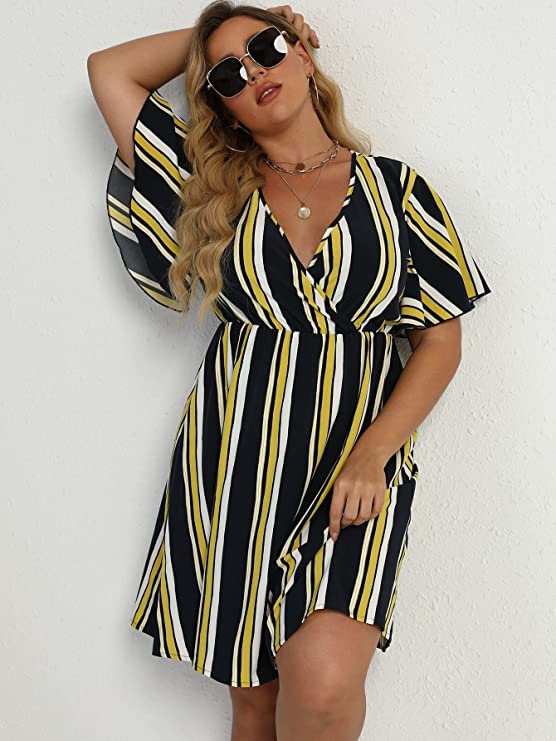 Black Yellow Multi Women's Plus Size Striped Print Wrap V Neck Short Sleeve A Line Dress - Floerns | Women's Formal Dresses