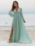 Dark Green Women's Bridesmaid Dresses Long Sleeve Chiffon Deep V-Neck Formal Evening Party Gowns for Women Guests with Split A-line - YnanLi Dress