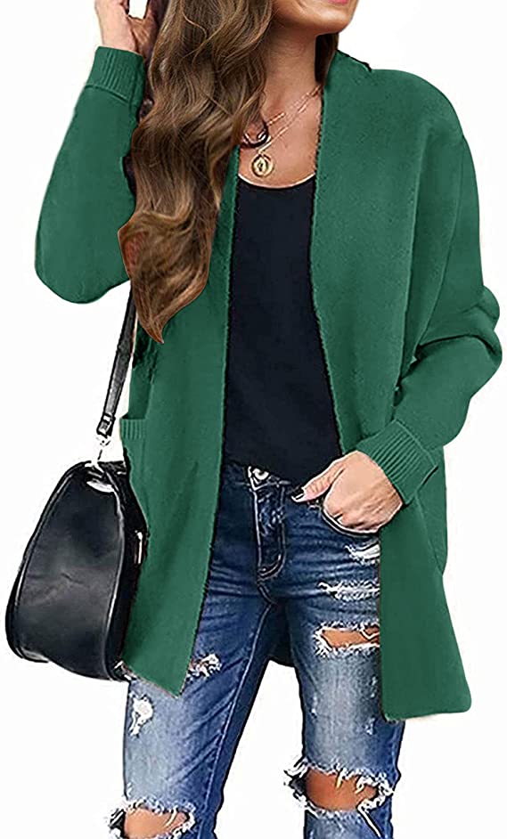 Solid Green Women s Open Front Leopard Knit Cardigan Sweaters Pockets Original Brand