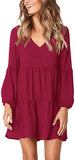 Burgundy Long Sleeve Women Summer Tunic Dress V Neck Casual Loose Flowy Swing Shift Dresses - Amoretu | Women's Casual Dresses