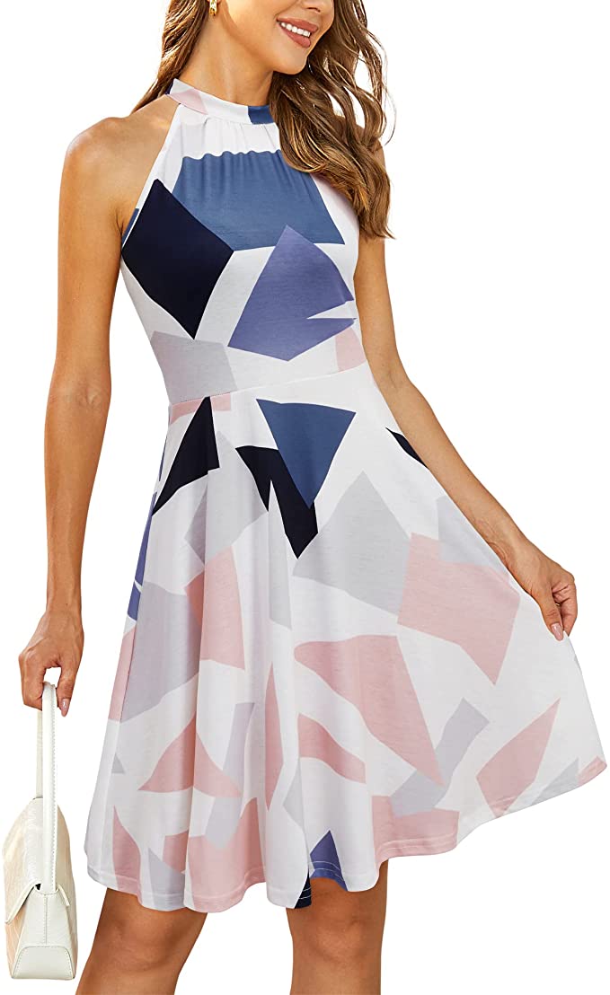 White Floral-29 Women's Halter Neck Floral Summer Casual Sundress - OUGES | Women's Casual Dresses