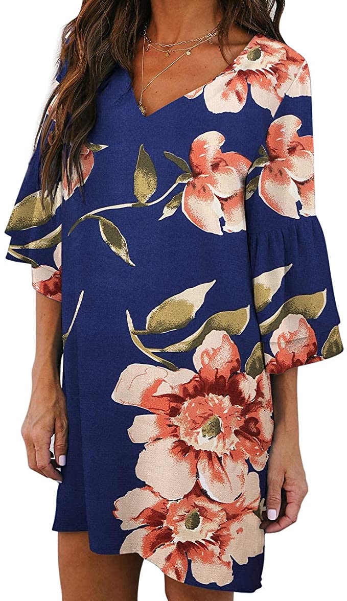 Navy Begonia Women's Dress Sweet & Cute V-Neck Bell Sleeve Shift Dress Mini Dress - BELONGSCI | Women's Casual Dresses