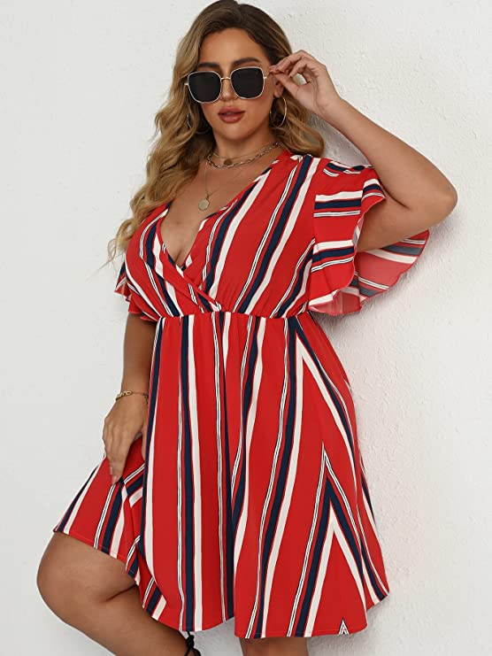 Red Women's Plus Size Striped Print Wrap V Neck Short Sleeve A Line Dress - Floerns | Women's Formal Dresses