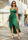 Green Satin Women's Sexy V Neck Backless Maxi Dress Sleeveless Spaghetti Straps Cocktail Party Dresses - CMZ2019 | Women's Cocktail Dresses