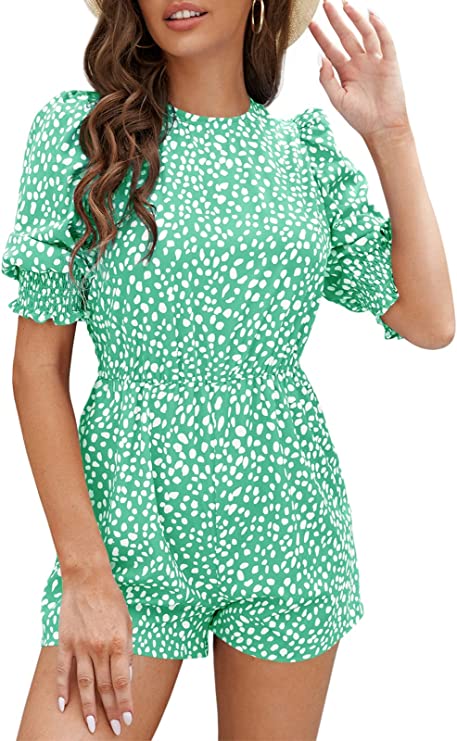 Light Green Women's Crew Neck Beach Rompers Half Sleeve Elastic Wasit Dots Keyhole Summer Jumpsuit - DOBULO | Women's Romper & Jumper Suit