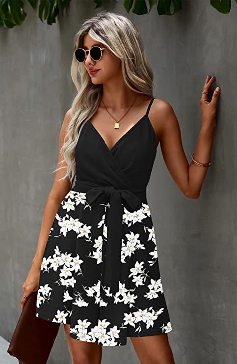 Black White Women's Sexy V Neck Printed Spaghetti Strap Beach Romper Shorts Jumpsuit - Angashion | Women's Cocktail Dresses