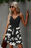 Black White Women's Sexy V Neck Printed Spaghetti Strap Beach Romper Shorts Jumpsuit - Angashion | Women's Cocktail Dresses