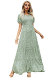Green Floral Women's Round Neck Short Flutter Sleeve Smocked Ruffle Floral Maxi Dress - Kranda | Women's Formal Dresses