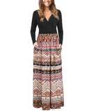 Black Floral Ladies Summer Casual V Neck Short Long Sleeve Floral Pattern Wrap Ladies Maxi Long Dress with Pockets - OUGES | Women's Evening Gowns