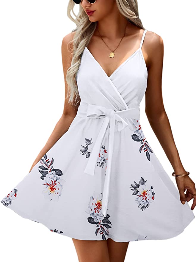 White Womens V-Neck Spaghetti Strap Bowknot Backless Sleeveless Lace Mini Swing Skater Dress - Ecowish | Women's Casual Dresses