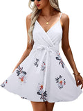 White Womens V-Neck Spaghetti Strap Bowknot Backless Sleeveless Lace Mini Swing Skater Dress - Ecowish | Women's Casual Dresses