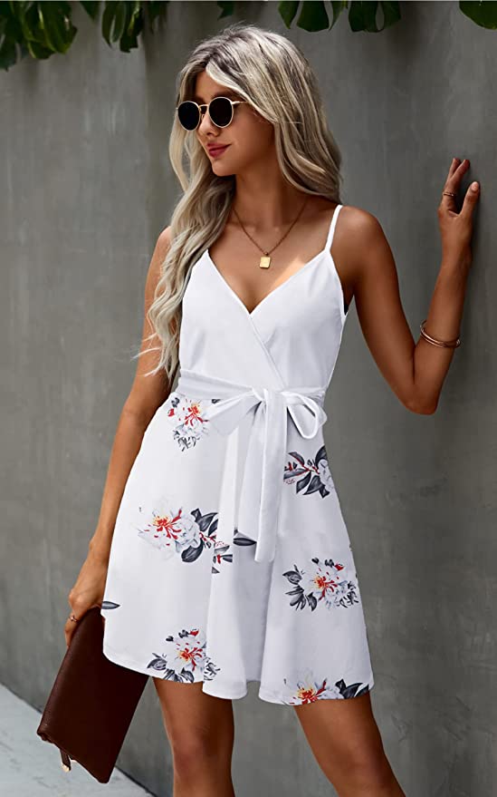 White Womens V-Neck Spaghetti Strap Bowknot Backless Sleeveless Lace Mini Swing Skater Dress - Ecowish | Women's Casual Dresses