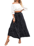 Black Women's Bohemian Floral Printed Elastic Waist A Line Maxi Skirt with Pockets - ZESICA | Women's Casual Dresses