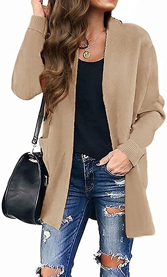 Solid Khaki Women s Open Front Leopard Knit Cardigan Sweaters Pockets Original Brand