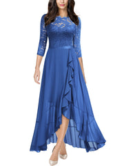 Blue Ladies Elegant Scoop Neck Floral Lace Formal Wedding Maxi Dress - MIUSOL