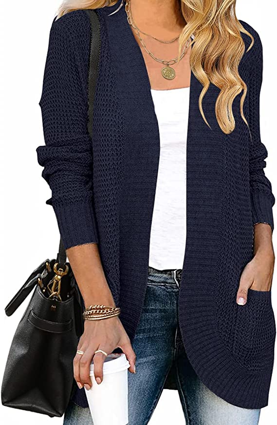 Navy Women's Long Sleeve Open Front Casual Lightweight Soft Knit Cardigan Sweater Outerwear - ZESICA | Women's Cardigan