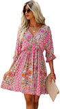 Hot Pink Women's Boho Tribal Print Short Sleeve V Neck Tie Back Summer Shift Dress - Romwe | Women's Casual Dresses