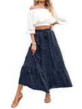 Navyblue Women's Bohemian Floral Printed Elastic Waist A Line Maxi Skirt with Pockets - ZESICA | Women's Casual Dresses
