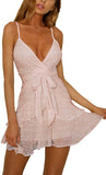 Pink Womens V-Neck Spaghetti Strap Bowknot Backless Sleeveless Lace Mini Swing Skater Dress - Ecowish | Women's Casual Dresses