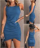Blue Women Casual Dress Crew Neck Ruched Summer Sleeveless Tank Bodycon Shirt Short Mini Dresses - BTFBM | Women's Club Dresses