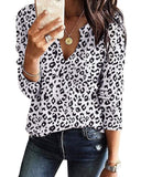 White Leapord Women's V Neck Waffle Knit Henley Tops Casual Long Sleeve Pullover Sweater Blouses - Farktop | Women's Sweaters