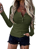 Solid Army Green Women Long Sleeve V Neck Button Up Solid Tops Blouses Trendy Slim Fit Lace Sleeves Ribbed Knit Casual Shirts Tunic - BTFBM | Women's Tops and Blouses