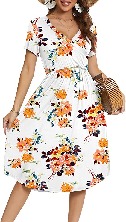 Navy Lily Summer Polka Dot Casual Midi Tunic Short/Long Sleeve Plain Dress Pleated Loose Flowy Floral Ladies Dress with Pocket - YUNDAI | Women's Casual Dresses