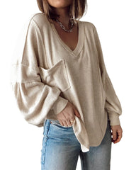 Solid Apricot Women's Casual V Neck Ribbed Knitted Shirts Pullover Tunic Tops Loose Balloon Sleeve Solid Color Blouses Top - BTFBM | Women's Tops and Blouses