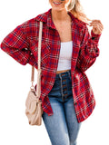 Red Womens Casual Plaid Shirts Color Block Long Sleeve Lapel Button Jacket Coats with Pockets - LOGENE | Women's Coat & Jacket