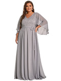 Plus Size Elegant V Neck Pleated A Line Chiffon Mother of Bride Dress Gray US - Sara Clothes