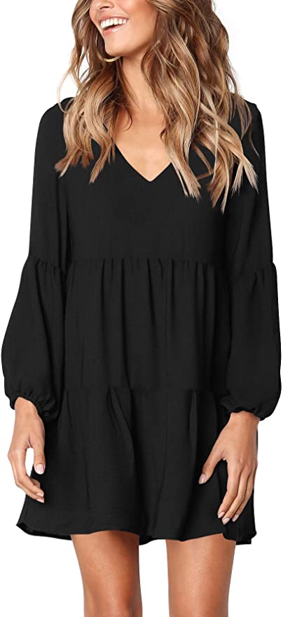 Black Long Sleeve Women Summer Tunic Dress V Neck Casual Loose Flowy Swing Shift Dresses - Amoretu | Women's Casual Dresses