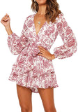 White Women's Jumpsuit Floral Print V Neck Baggy Sleeve Waist Tie Double Layer Ruffle Hem Short Mini Dress Romper - Relipop | Women's Casual Dresses