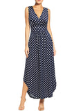 Polka Dot Blue Women Sleeveless Deep V Neck Pocket Loose Long Dress Split Maxi Casual Dresses - WOOSEA | Women's Cocktail Dresses