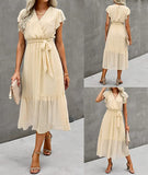 Swiss Dot Pink Women Summer Bohemian Floral Casual Wrap V Neck Ruffle Cap Sleeveless Belt A-Line Pleated Hem Swing Midi Sun Dress - BTFBM | Women's Casual Dresses