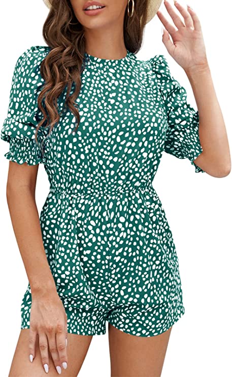 Green Women's Crew Neck Beach Rompers Half Sleeve Elastic Wasit Dots Keyhole Summer Jumpsuit - DOBULO | Women's Romper & Jumper Suit