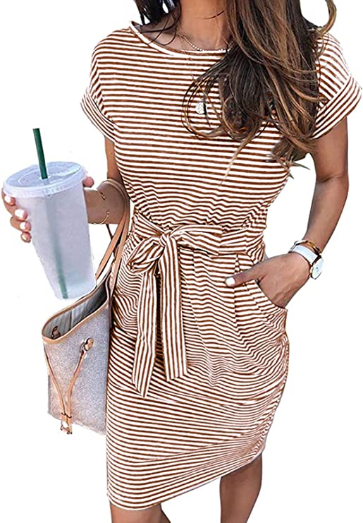 Brown Women's Summer Striped Short Sleeve T Shirt Dress Casual Tie Waist Midi Dress - MEROKEETY | Women's Casual Dresses